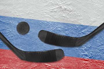 Russian flag and two hockey sticks hockey