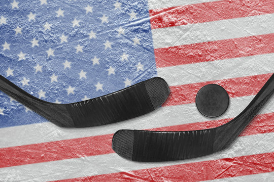 American flag and two hockey sticks hockey
