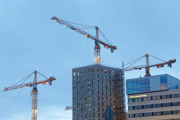 Sihouette of yellow cranes, blue sky and high buildings