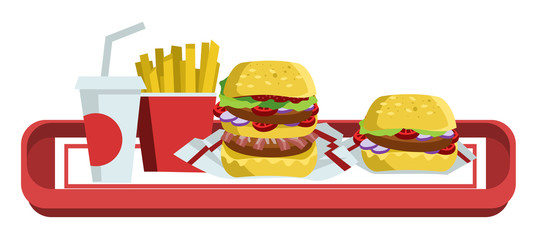 plate full of fast food burger french fries and soda