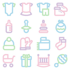 Colorful linear icons set of baby's clothes, toys, food. Vector illustration