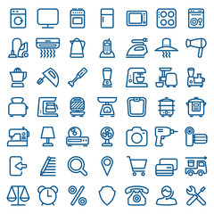 Thin linear icon set of household appliances and electronics. Home appliances icons set for web and mobile. Vector illustration
