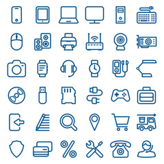 Thin linear icon set of smart devices and gadgets, computer equipment and electronics. Electronic devices icons set for web and mobile. Vector illustration