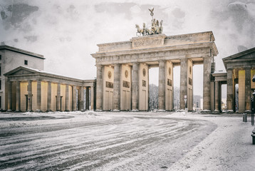 Brandenburg gate (Brandenburger Tor) in snow, Berlin, Germany, Europe, Retro filtered style