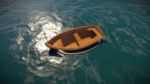 3D. Animation of a small vessel wooden on water, and Archimedes' principle. 