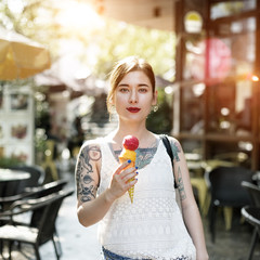 Woman Holding Icecream Outdoors Relaxation Casual Concept