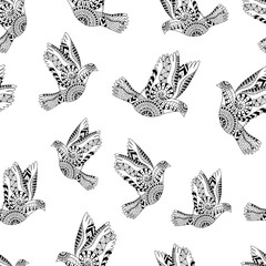 Hand drawn flying doves for adult anti stress colouring page.