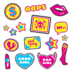 Cute 80s-90s Retro Girl Power Isolated Fashion Cartoon Illustration Set Suitable for Badges, Pins, Sticker, Patches, Fabric, Denim, Embroidery and Other Girly Related Purpose