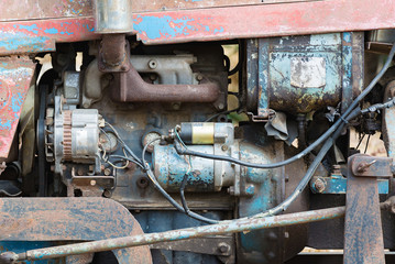 Vintage engine car system. Part of old diesel engine of heavy tr
