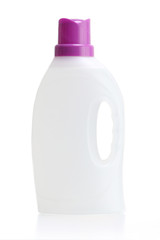 white plastic bottle with magenta cap isolated on a white background for liquid laundry detergent or cleaning agent or bleach or fabric softener.