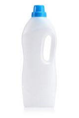 white plastic bottle with blue cap isolated on a white background for liquid laundry detergent or cleaning agent or bleach or fabric softener.