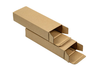 Two package brown cardboard box for long items. Mockup, isolated