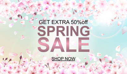 Advertisement about the spring sale on defocused background with beautiful cherry blossom. Vector illustration. - 133987116