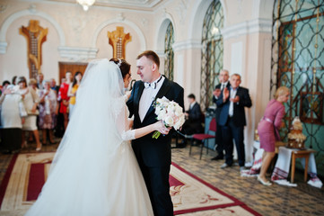 First wedding dance of waltz at hall of registration their marri