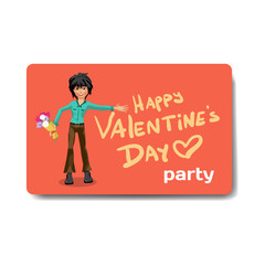 Vector valentine's day party invitation. Young man holding out a