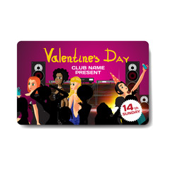 Vector valentine's day party invitation. Night club, dj, women d