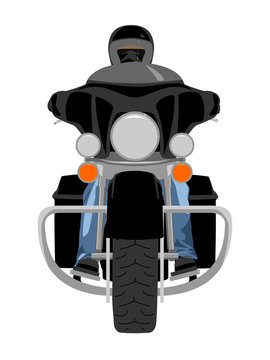 Color classic heavy touring motorcycle with rider wearing helmet and jeans pants front view isolated on white vector illustration
