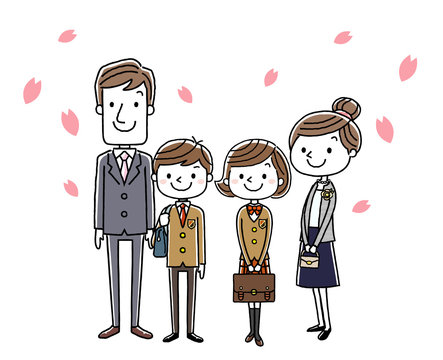 入学式イメージ：両親と男の子と女の子

