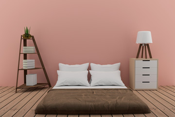 bedroom with bookshelf with small lamp and cabinet in pink room in 3d rendering