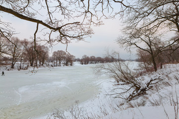 Ice on the river in the winter evening