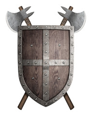 Fototapeta premium old wooden shield and two crossed battle axes isolated