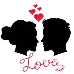 Man and woman face silhouette on white background. Man and woman in love. Saint Valentine Day card with hand lettering phrase Love.