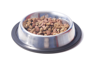 Balanced dry cat food in a bowl.