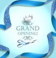 Grand opening invitation card with scissors and blue curly ribbon. Vector illustration