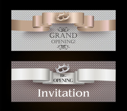 Grand opening invitation card with beige silk ribbons and crowns. Vector illustration