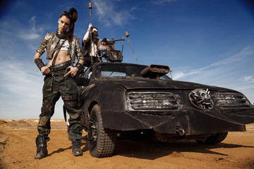 Woman warrior and man in brutal style 