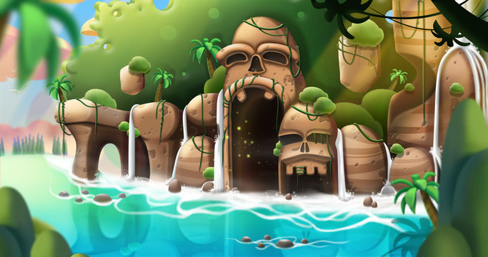 The Strange Island. Video Game's Digital CG Artwork, Concept Illustration, Realistic Cartoon Style Background
