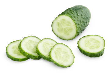 Chopped cucumber vegetable isolated on white background with clipping path