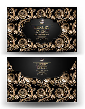 Luxury event elegant gold and black envelope with floral design background. Vector illustration