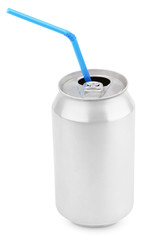 Opened 330 ml aluminum soda can with blue straw isolated on white background with clipping path