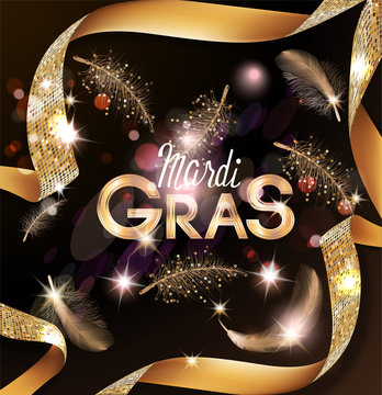 Mardi Gras background with flying feathers and curly gold ribbons. Vector illustration