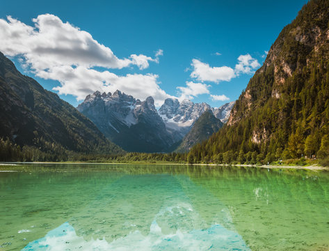 Beautiful mountain lake Landro in Dolomites