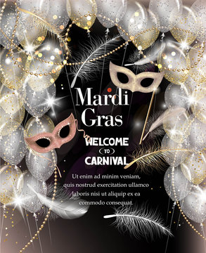 Mardi Gras background. Falling feathers, beads, ribbon and carnival masks.  Vector illustration