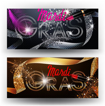 Mardi Gras banners with flying feather, sparkling ribbons and lipstick. Vector illustration