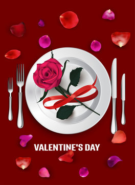 VALENTINE'S DAY BACKGROUND. PLATE AND CUTLERY, ROSE, PETALS. VECTOR ILLUSTRATION