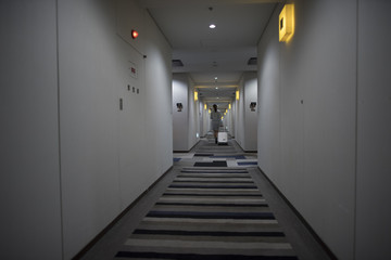 The woman is walking in the hotel corridor with a suitcase