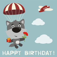 Happy birthday! Funny wolf fly on parachute with gift and flower. Birthday card with wolf in cartoon style.