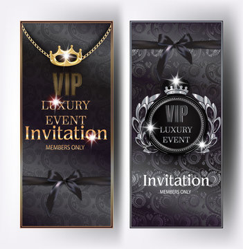 VIP black elegant invitation cards with floral design background, vintage frames, crowns and silk ribbons. Vector illustration