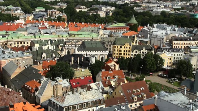 Aerial view over old European town, city, new bridge over river and cathedral . Roof of the old Riga 3