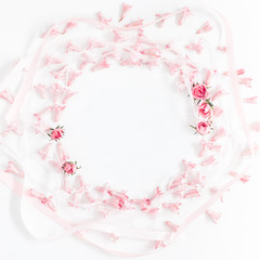 Flowers composition. Frame made of pink flowers. Valentine's Day