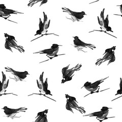 Watercolor ink sumi-e bird seamless pattern
