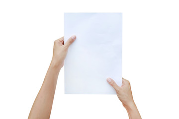 Woman's finger touching on paper isolated on white background, Education concept.