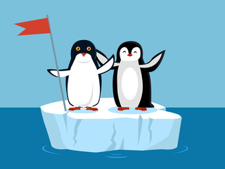 Obraz premium Funny Emperor Penguins on Arctic Glacier with Flag