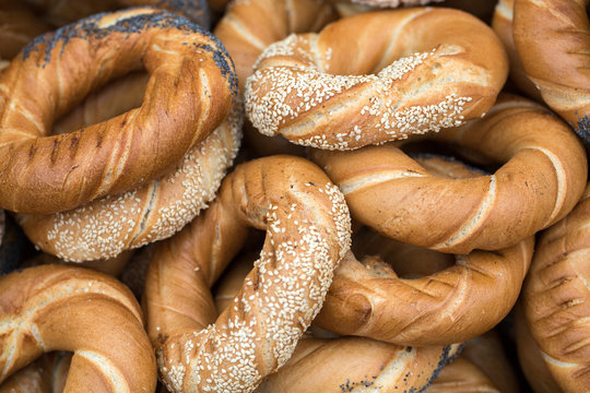 Traditional Cracovian  prezels with salt,  poppy and sesame seeds