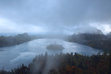 Bled with lake, island and mountains in background, Slovenia