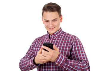 Happy young mag sendind a text message